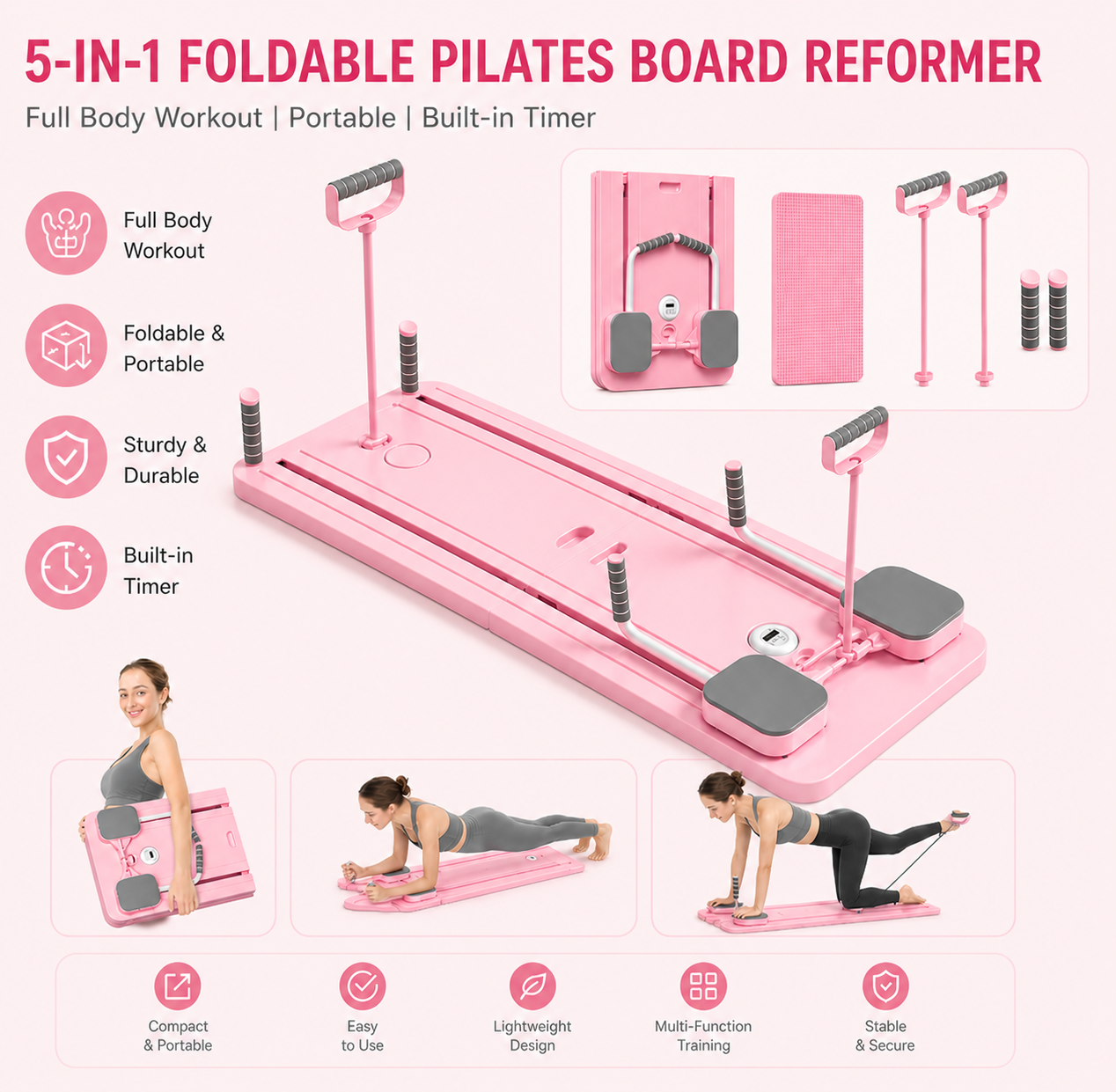 5-in-1 Foldable Pilates Reformer Board with Timer – Portable Full Body Home Gym