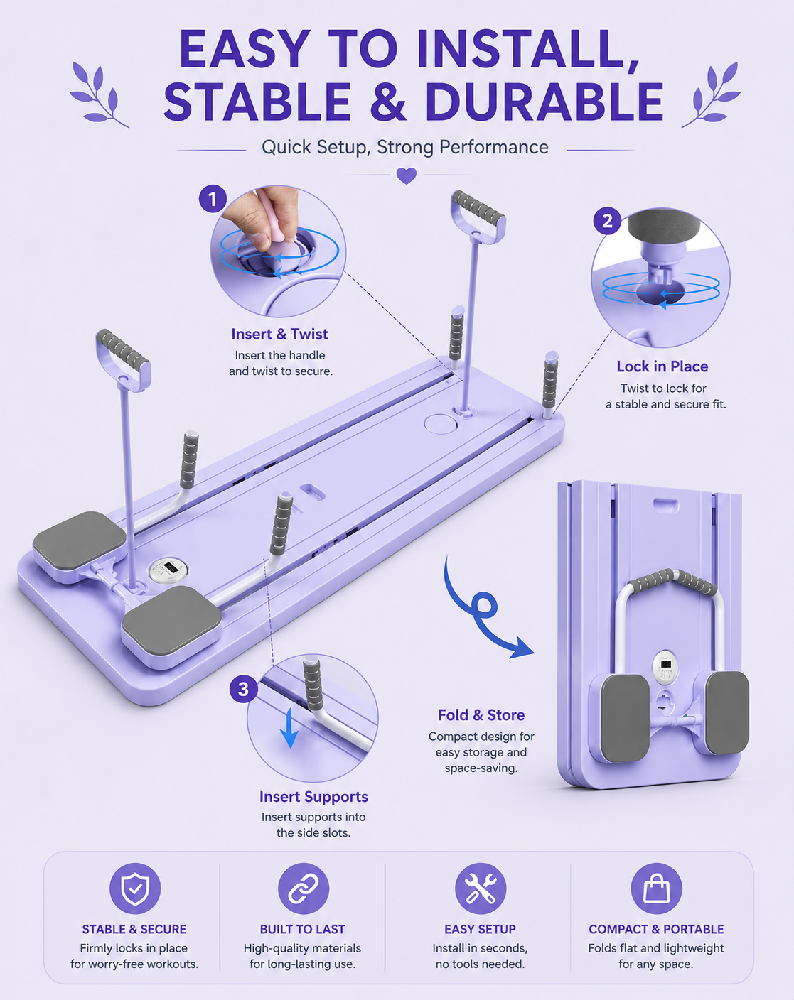 5-in-1 Foldable Pilates Reformer Board with Timer – Portable Full Body Home Gym