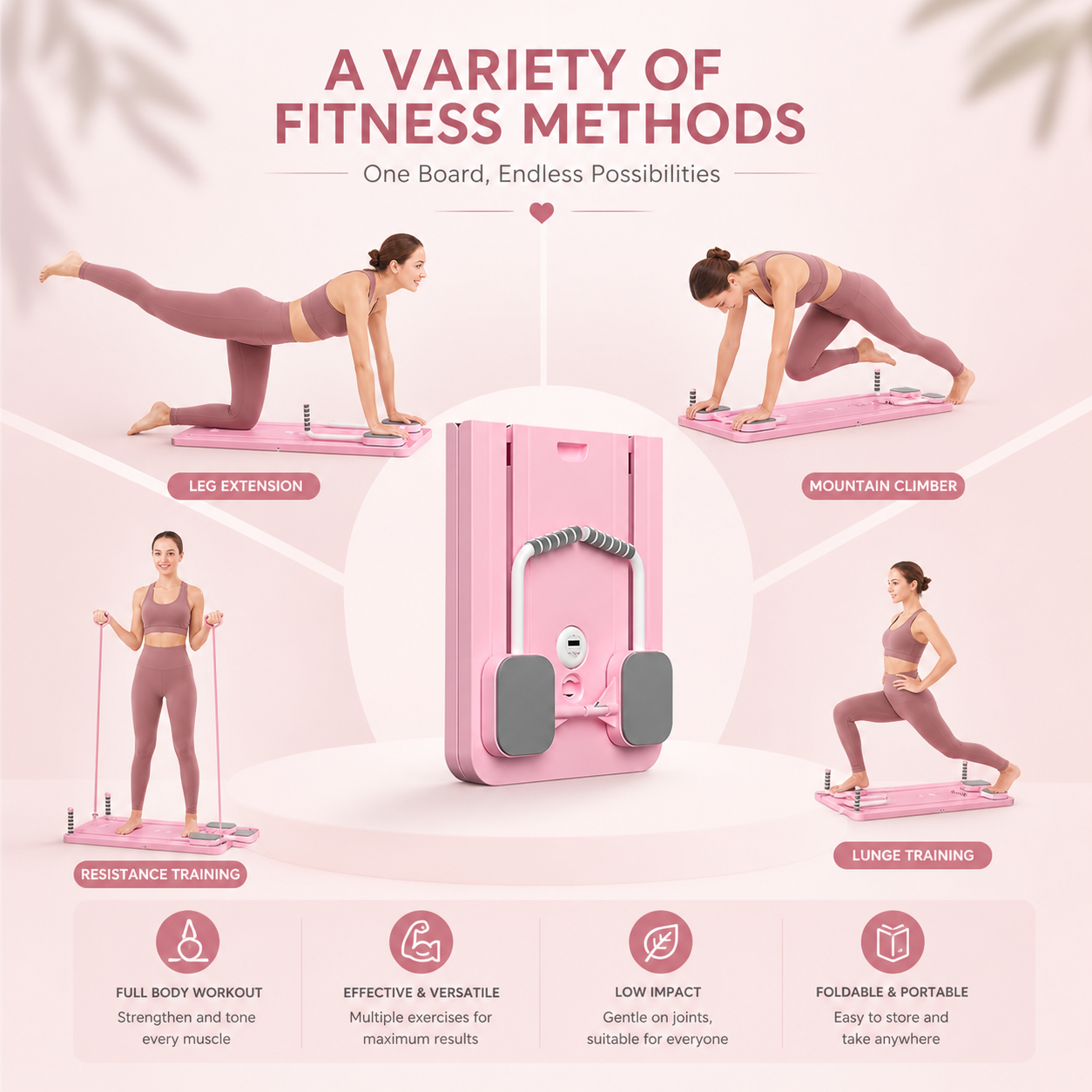 5-in-1 Foldable Pilates Reformer Board with Timer – Portable Full Body Home Gym