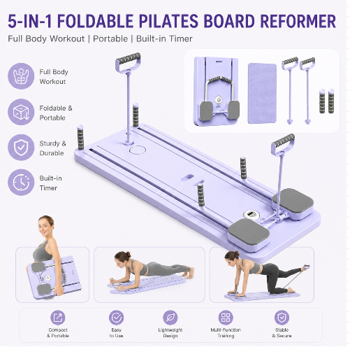 5-in-1 Foldable Pilates Reformer Board with Timer – Portable Full Body Home Gym