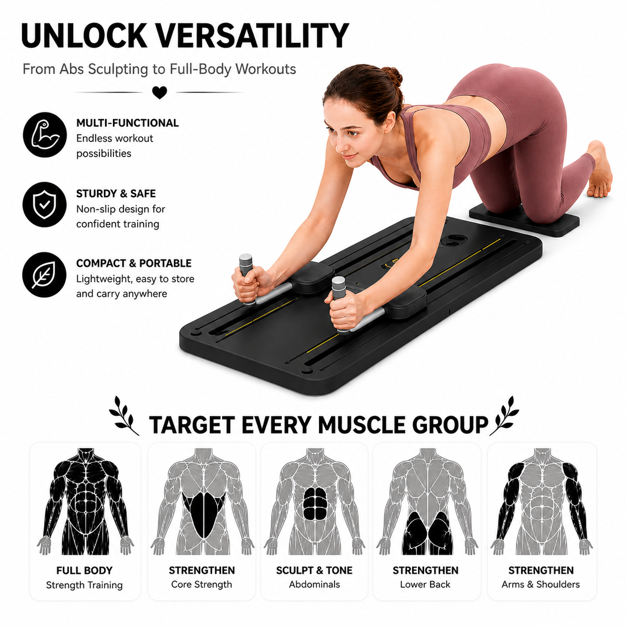 5-in-1 Foldable Pilates Reformer Board with Timer – Portable Full Body Home Gym