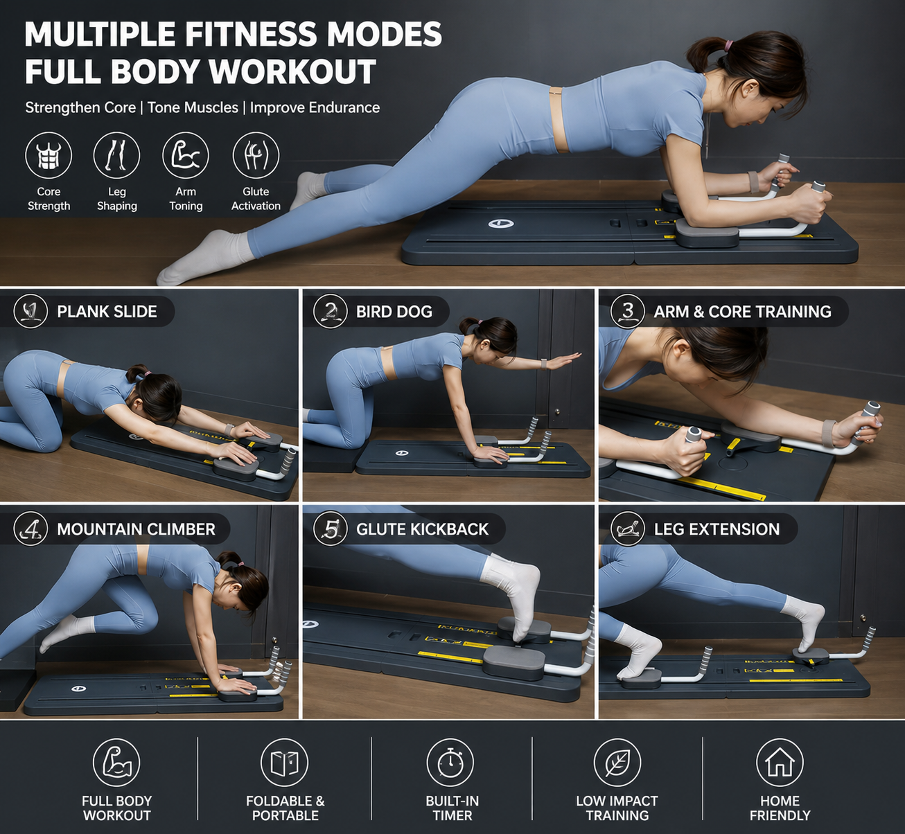 5-in-1 Foldable Pilates Reformer Board with Timer – Portable Full Body Home Gym